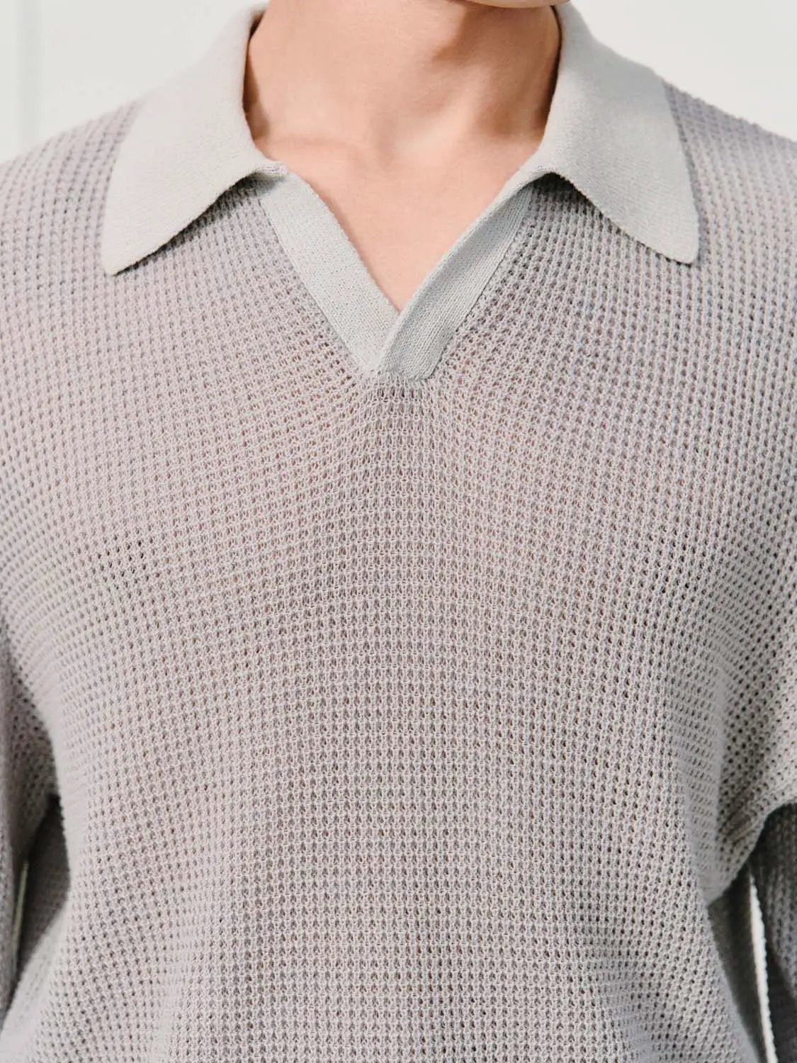 Textured Long Sleeve Shirt Collar Linen Blend Sweater