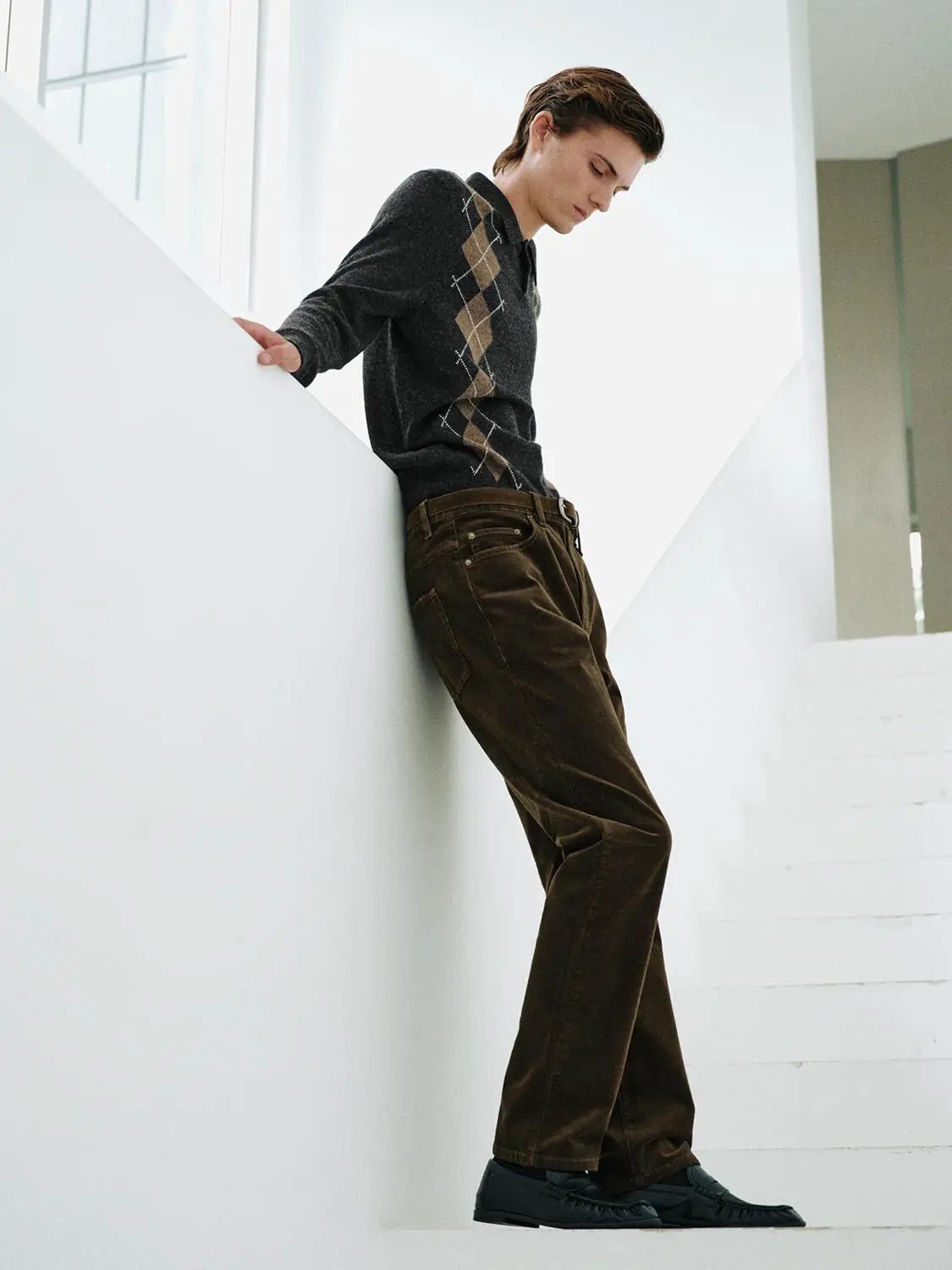 Argyle Long Sleeve Polo Collar Knit Sweater