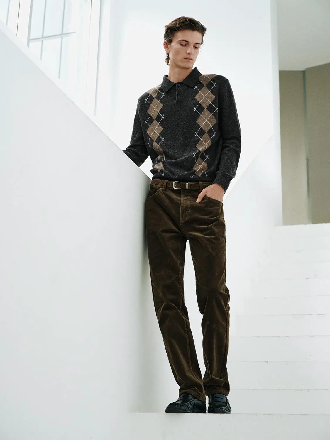 Argyle Long Sleeve Polo Collar Knit Sweater