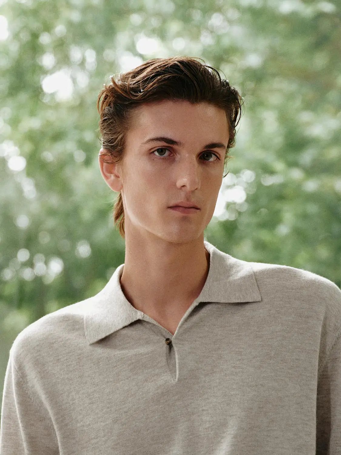 Heathered Ribbed Shirt Collar Long Sleeve Knit Sweater