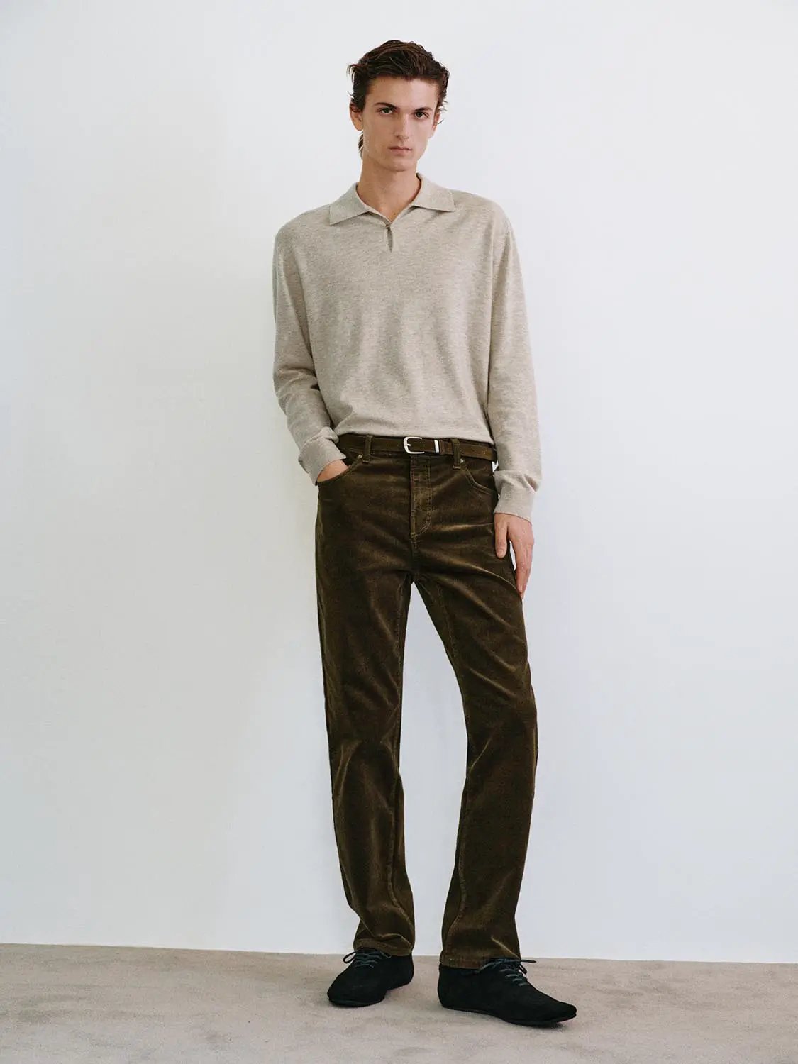 Heathered Ribbed Shirt Collar Long Sleeve Knit Sweater