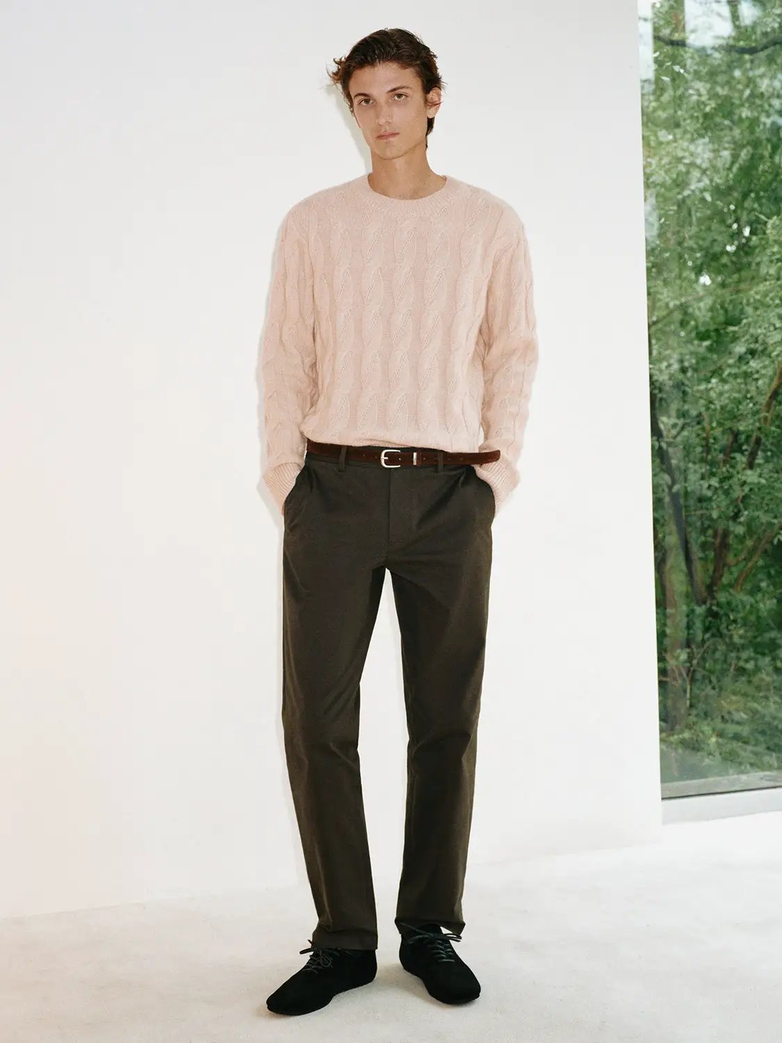 Cable Knit Crew Neck Long Sleeve Wool Blend Sweater