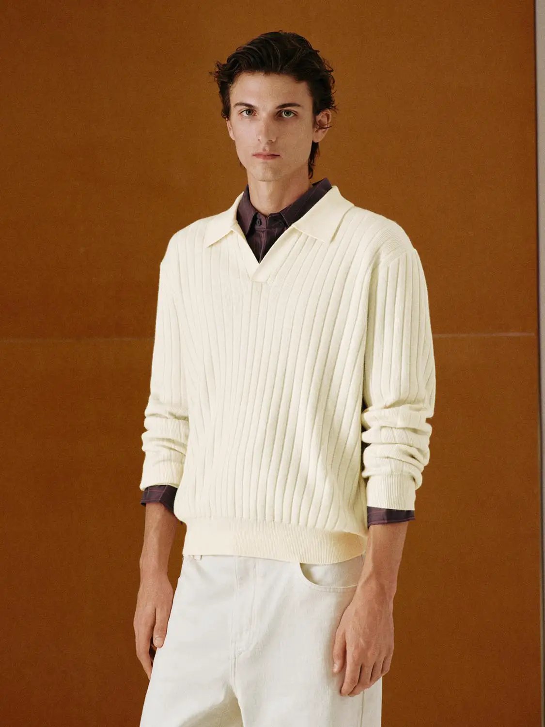 Ribbed Polo Collar Long Sleeve Knit Sweater