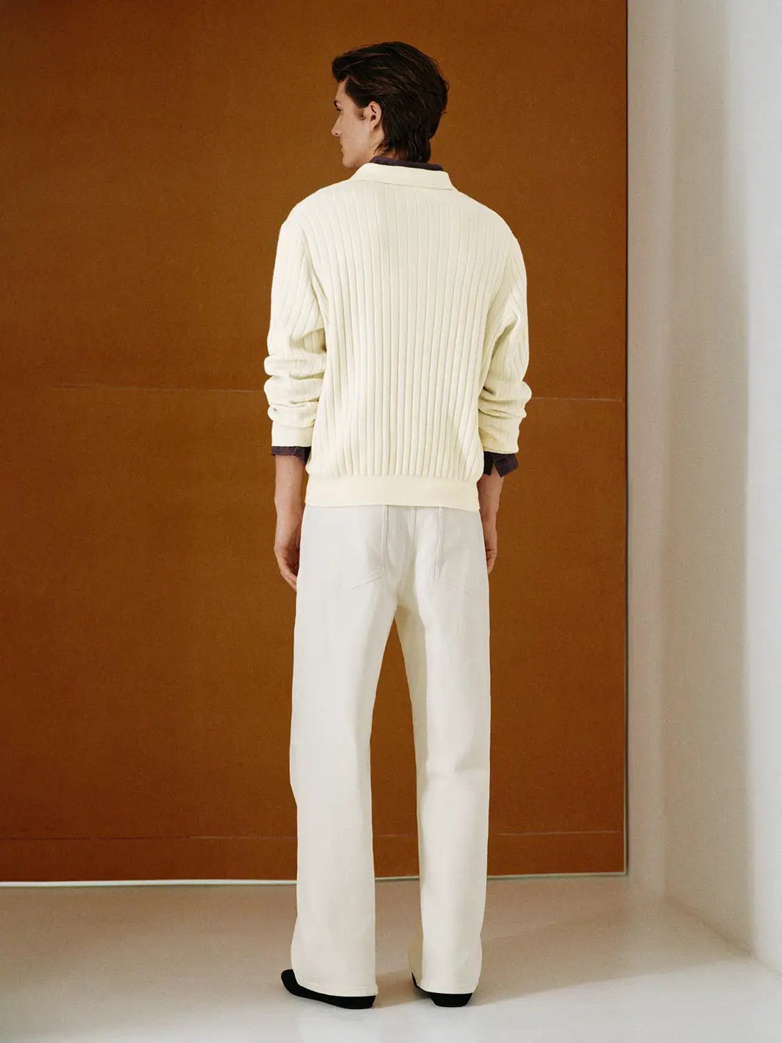 Ribbed Polo Collar Long Sleeve Knit Sweater