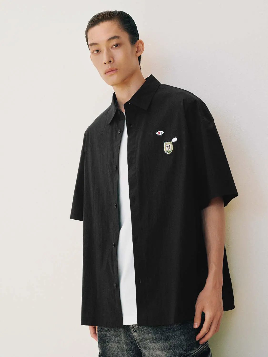 Oversized Embroidered Patch Cotton Shirt