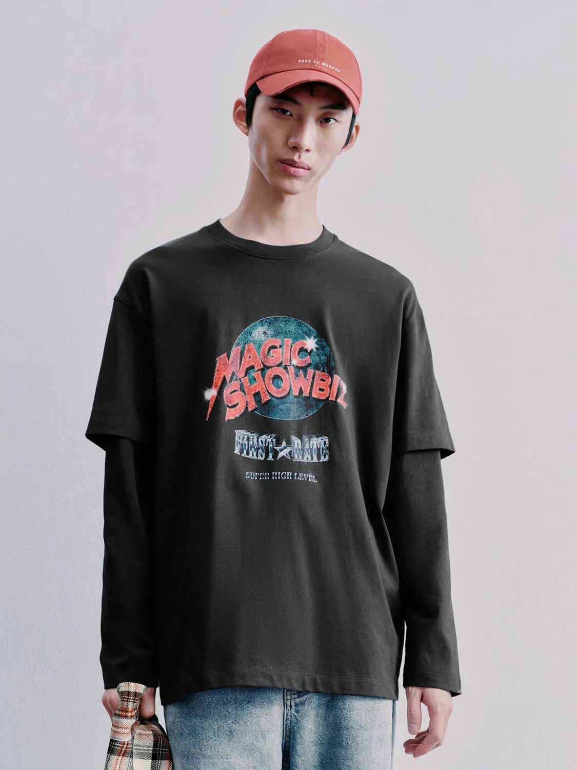 Oversized Graphic Print Layered Sleeve Cotton T-Shirt