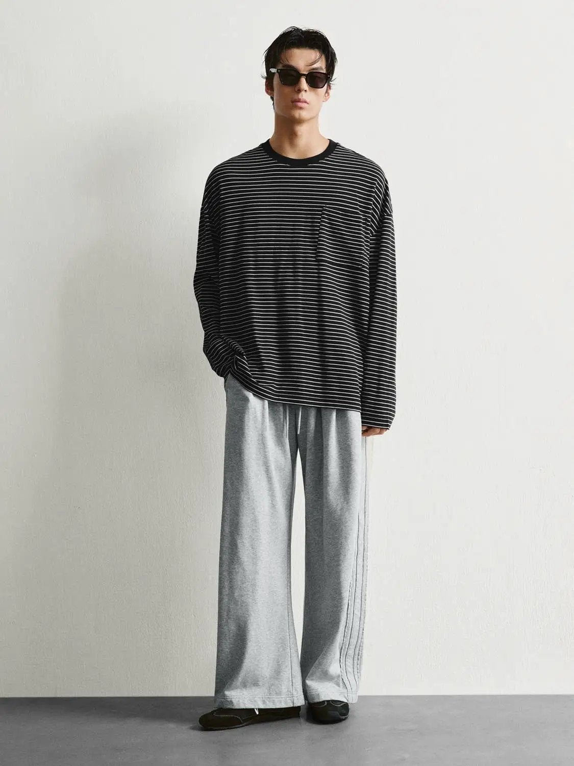 Chest Pocket Striped Oversized Crew Neck Long Sleeve T-Shirt