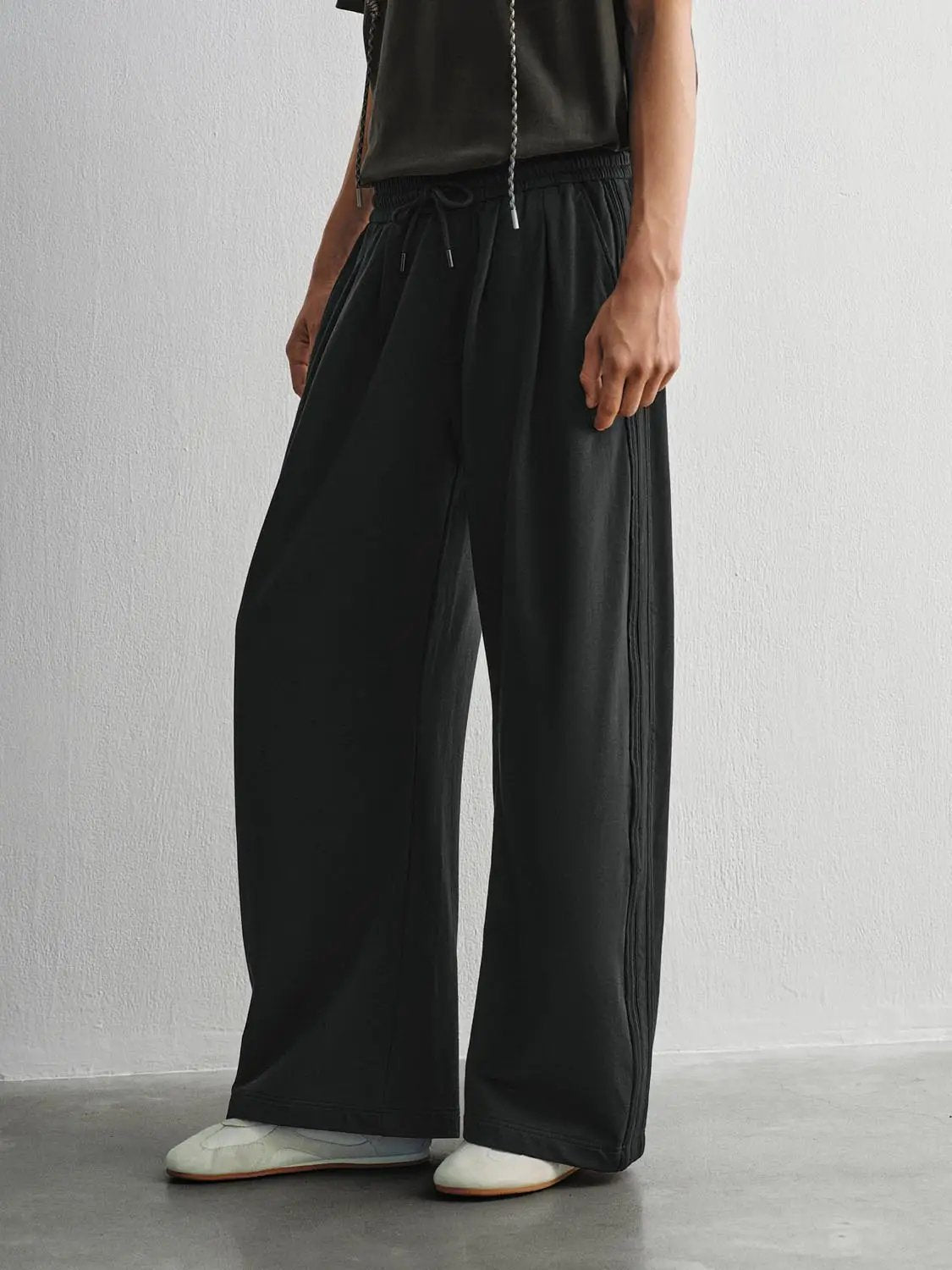 Drawstring Waist Cotton Blend Wide-leg Pants