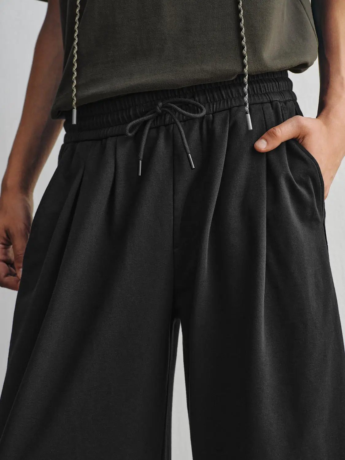 Drawstring Waist Cotton Blend Wide-leg Pants