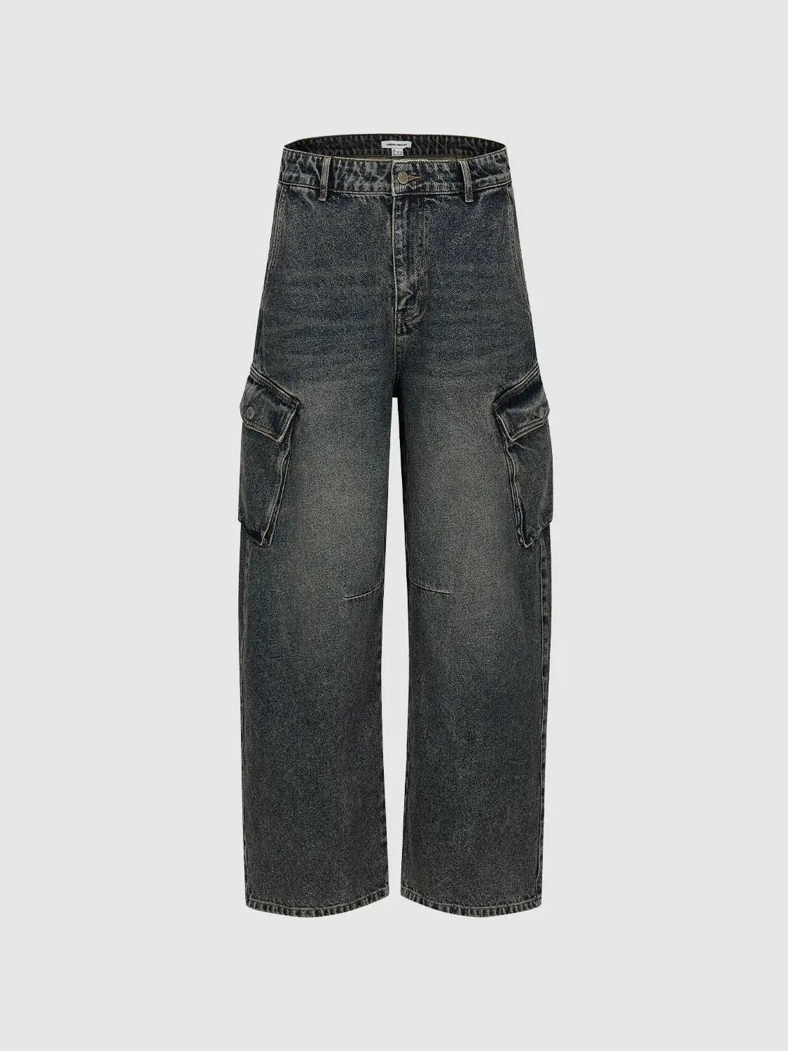Distressed Relaxed Wide-leg Cargo Cotton Jeans