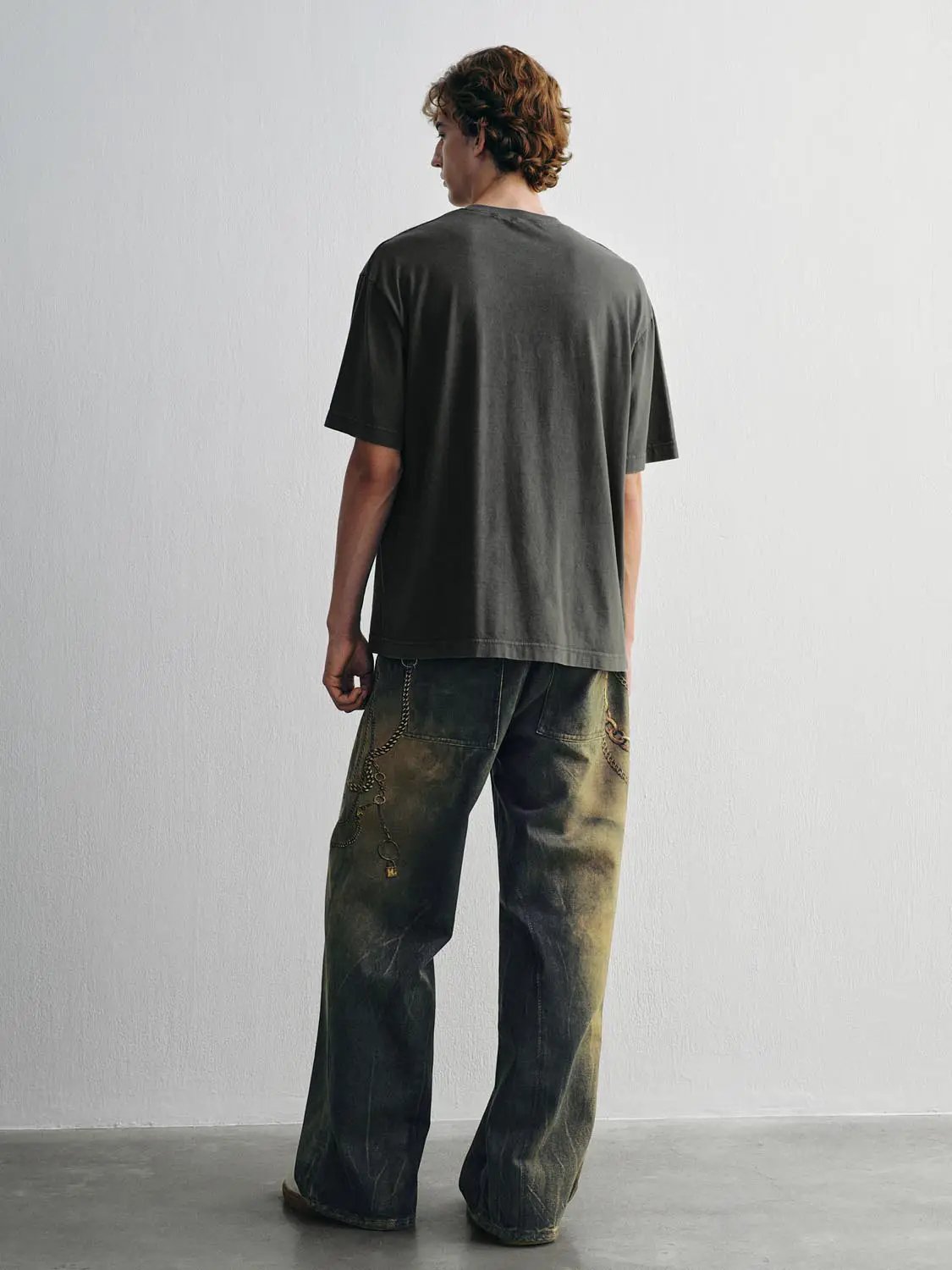 Chain Detail Gradient Wash Cotton Mid-rise Wide-leg Pants
