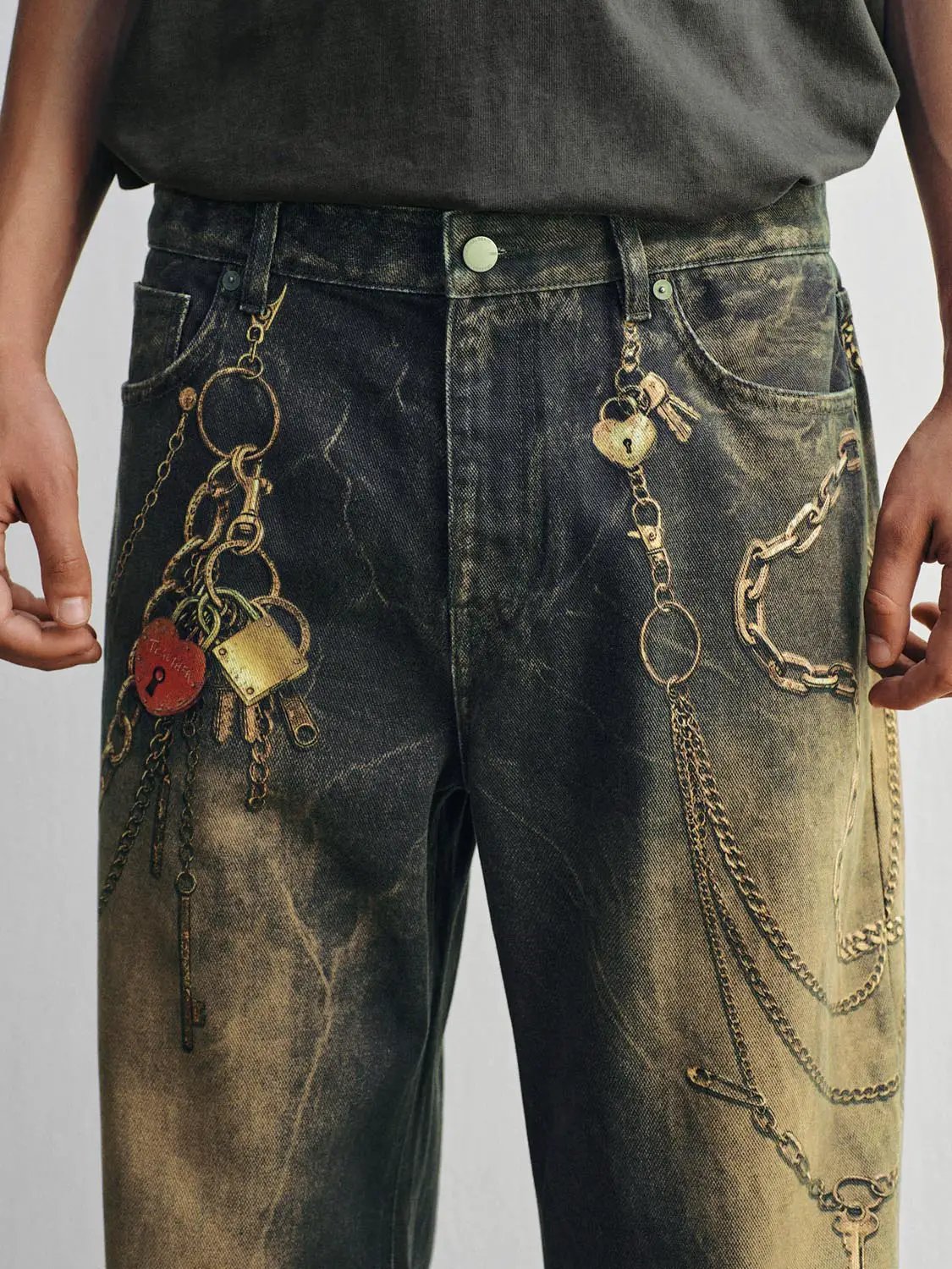 Chain Detail Gradient Wash Cotton Mid-rise Wide-leg Pants
