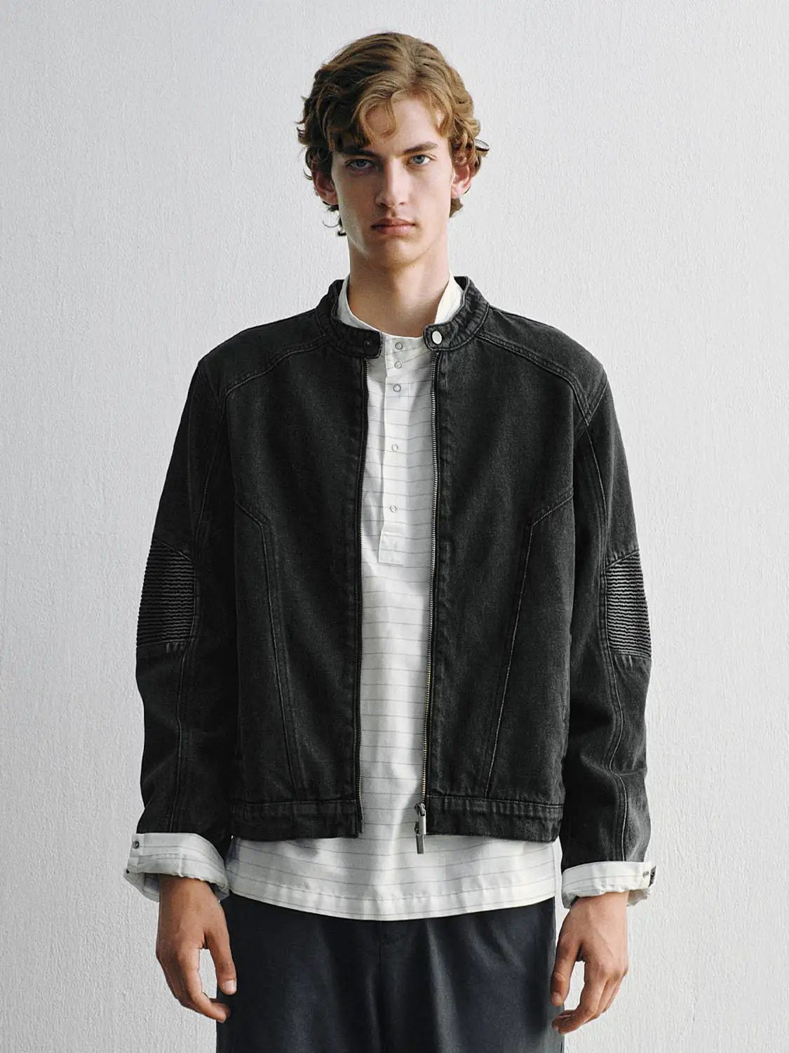Zipper Front Ribbed Elbow Patch Long Sleeve Cotton Jacket