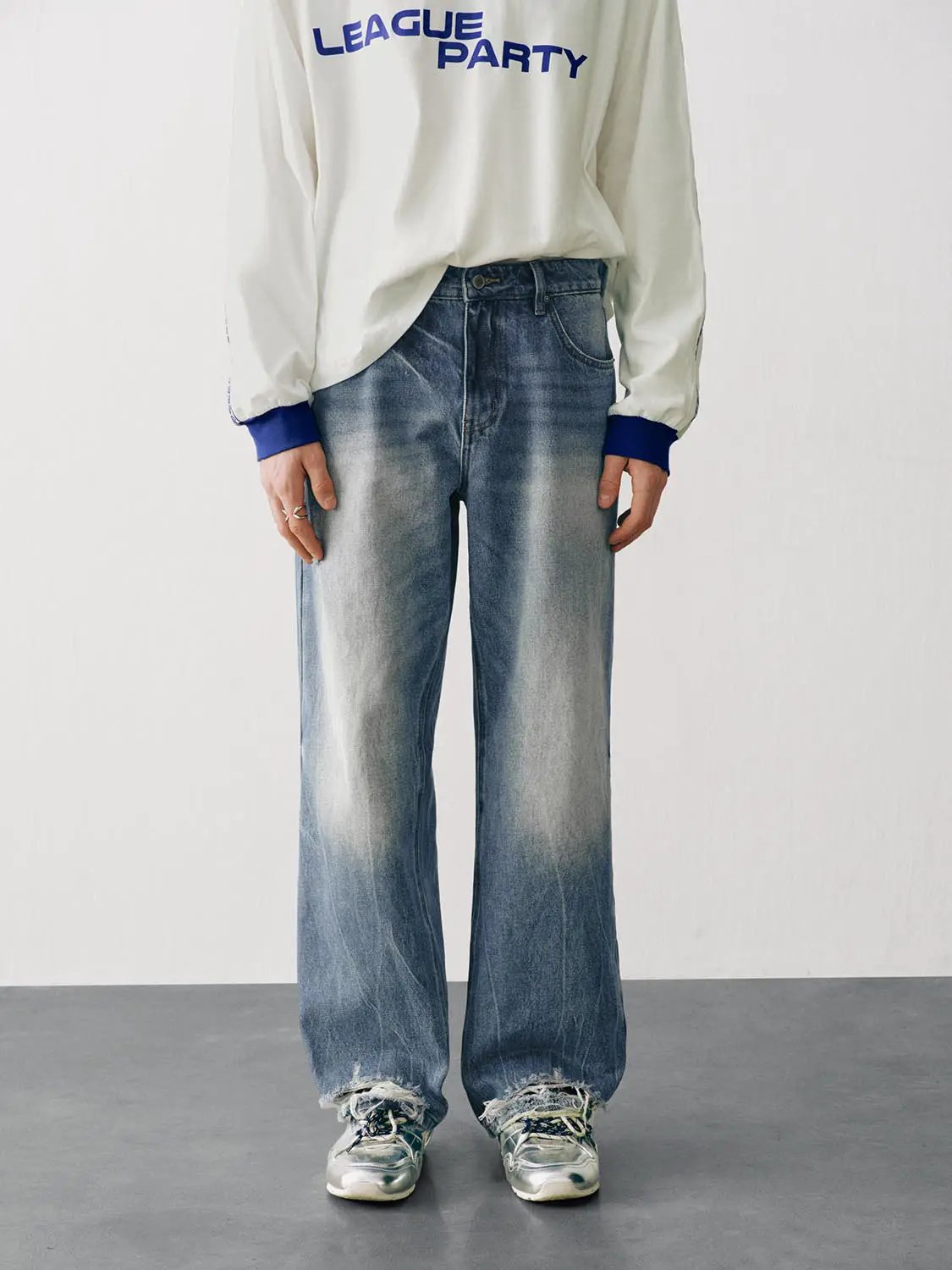 Faded Wash Distressed Raw Hem Straight Cotton Jeans