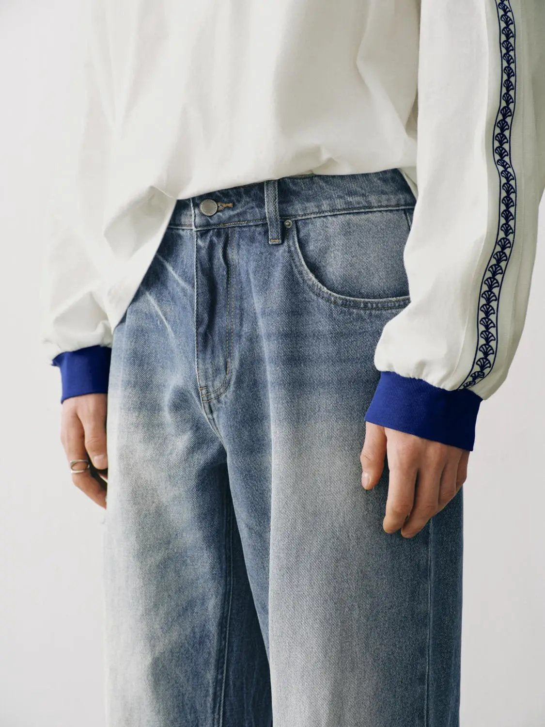 Faded Wash Distressed Raw Hem Straight Cotton Jeans