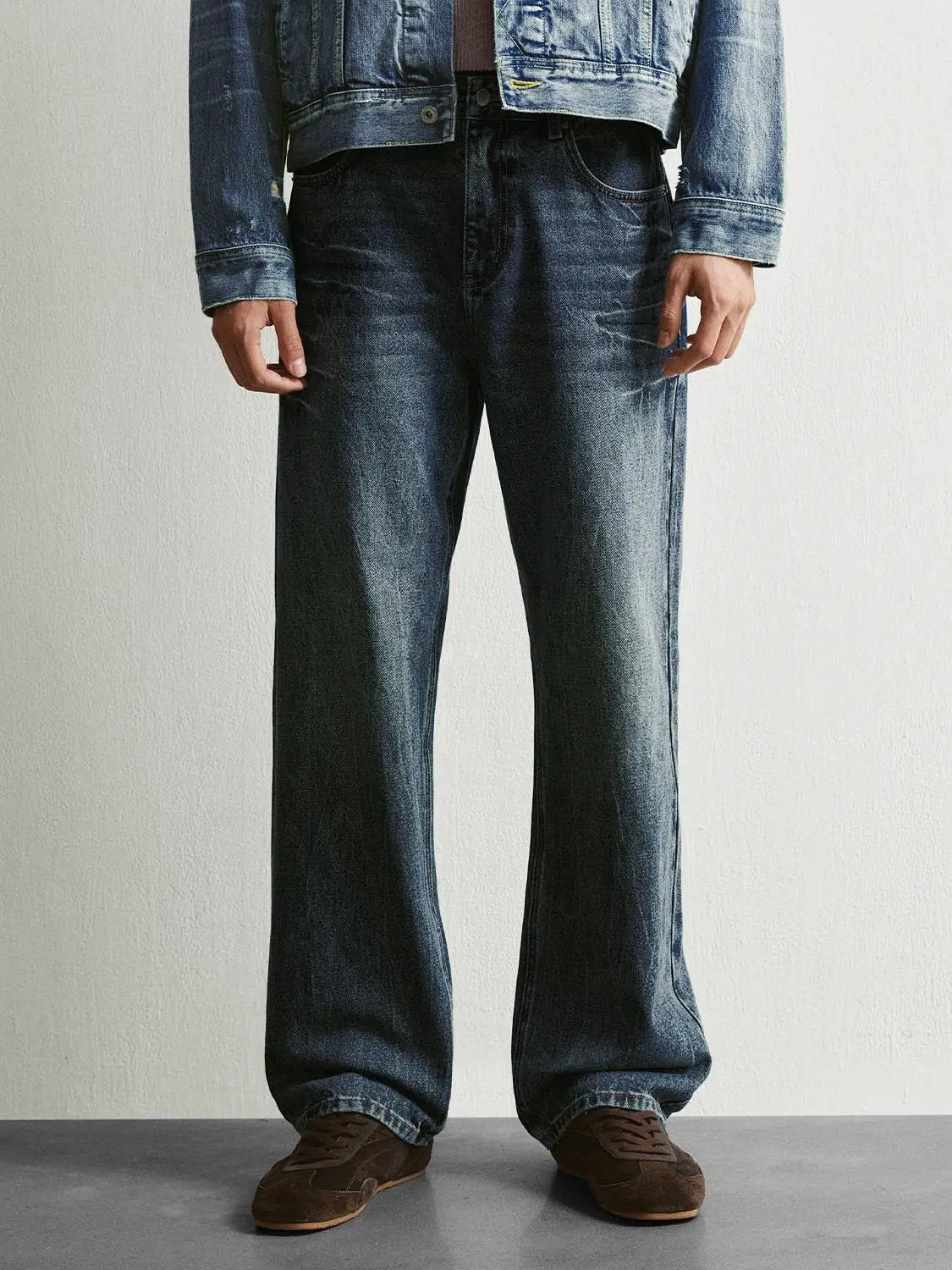 Vintage Washed Wide-leg Mid-rise Cotton Jeans