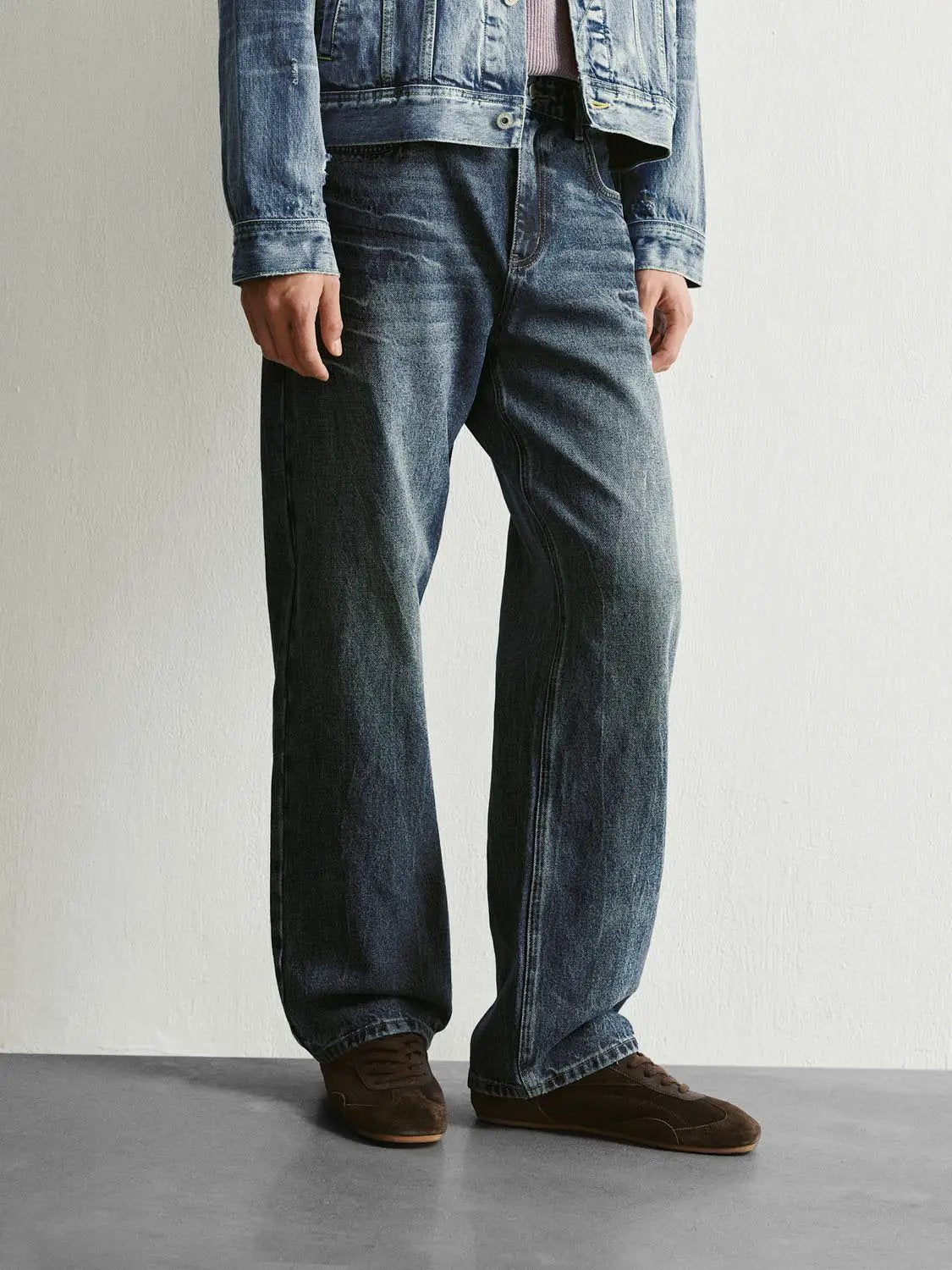 Vintage Washed Wide-leg Mid-rise Cotton Jeans