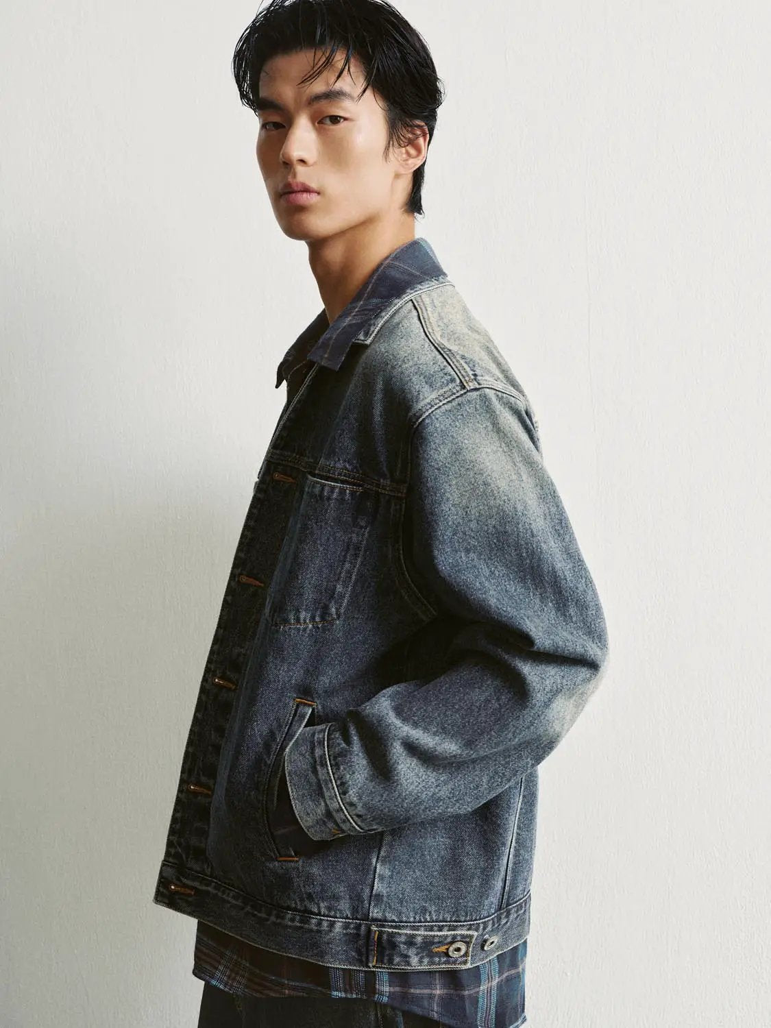 Faded Checked Collar Cotton Long Sleeve Denim Jacket