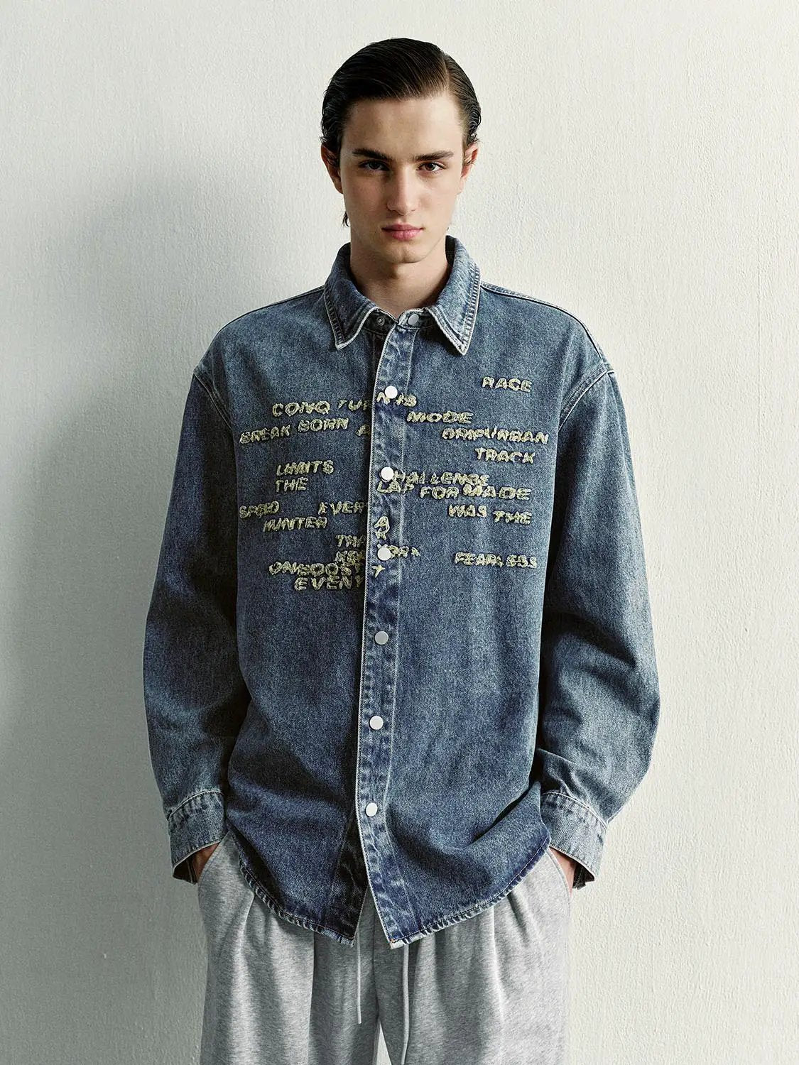 Text Embroidered Long Sleeve Cotton Denim Shirt