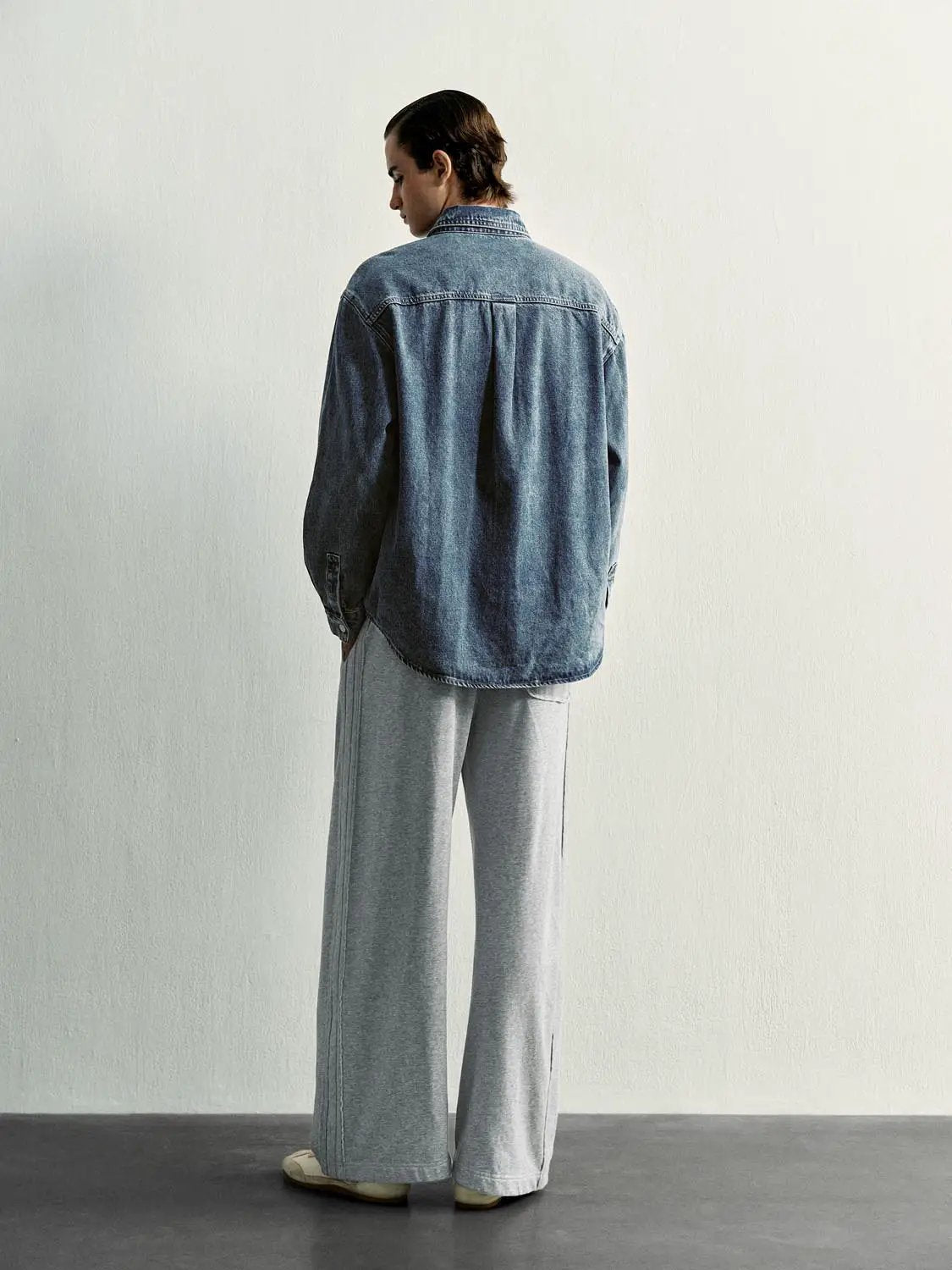 Text Embroidered Long Sleeve Cotton Denim Shirt
