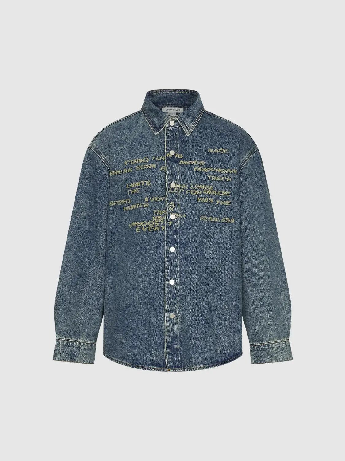 Text Embroidered Long Sleeve Cotton Denim Shirt