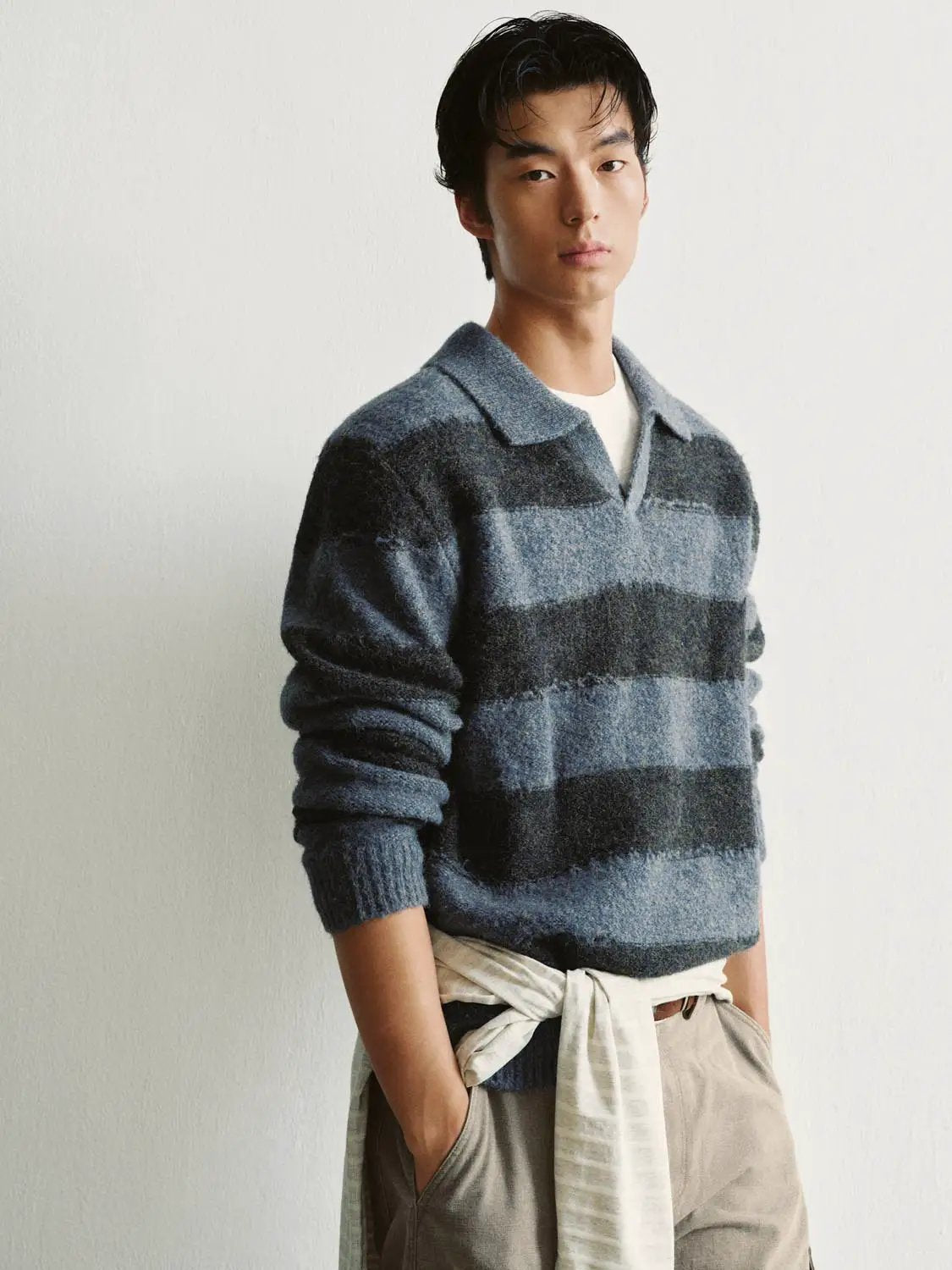 Striped Textured Polo Collar Long Sleeve Knit Pullover