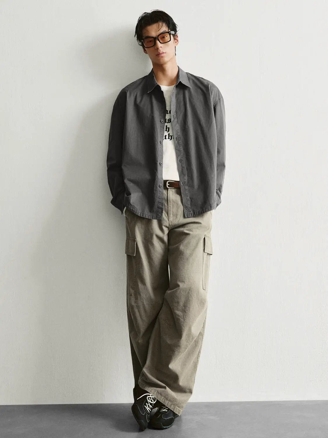 Button-front Shirt Collar Long Sleeve Cotton Shirt