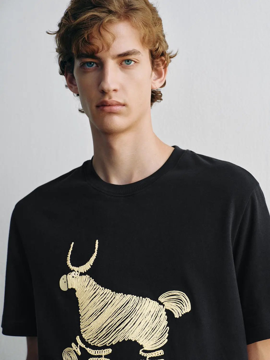 Embroidered Animal Crew Neck Short Sleeve Cotton T-Shirt