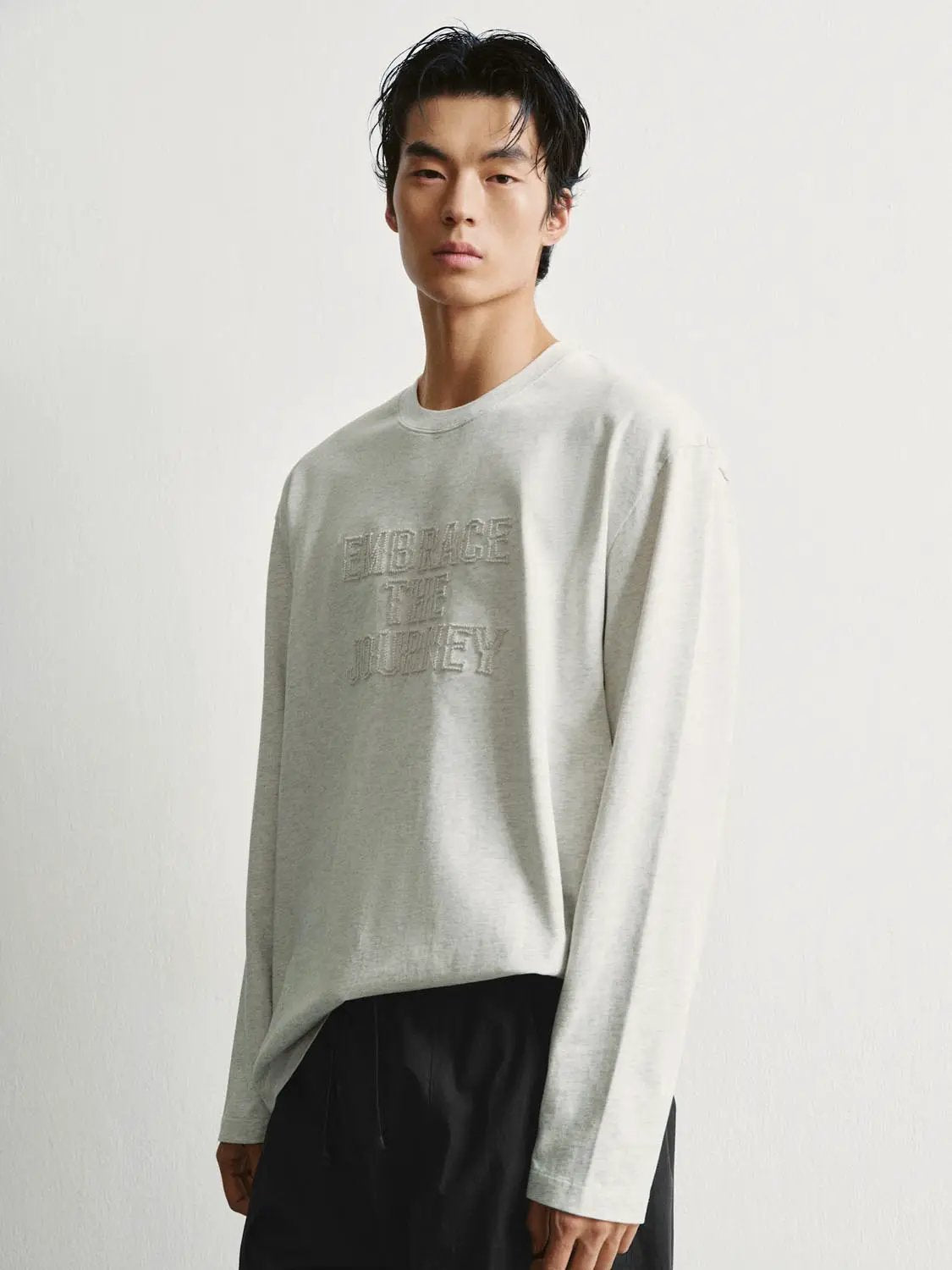 Embroidered Oversized Crew Neck Long Sleeve Cotton T-Shirt