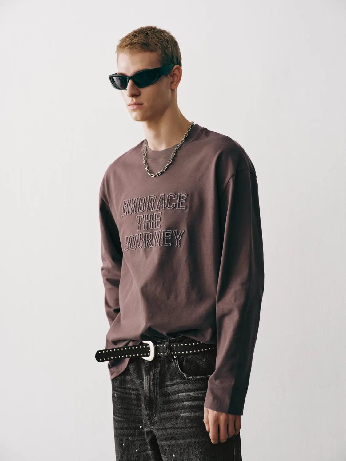 Embroidered Oversized Crew Neck Long Sleeve Cotton T-Shirt