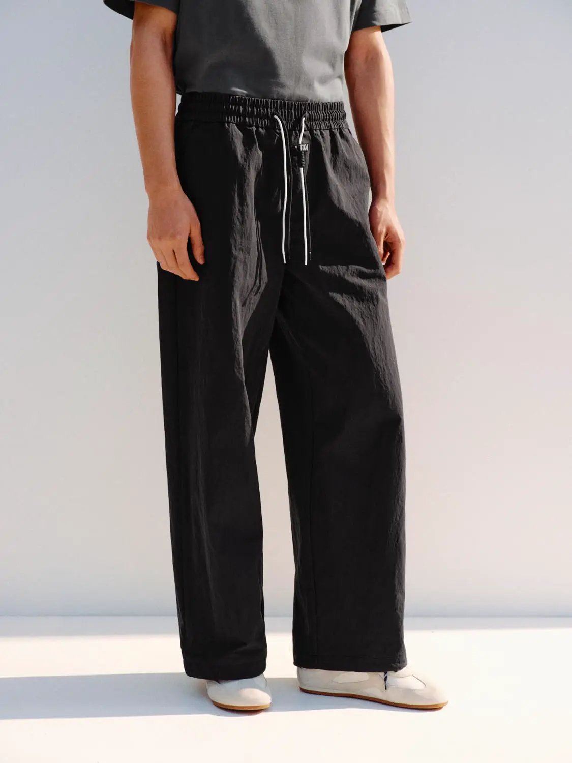 Wide-leg Cotton Blend Drawstring Waist Pants