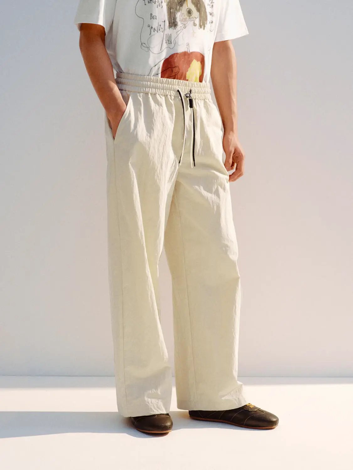 Wide-leg Cotton Blend Drawstring Waist Pants