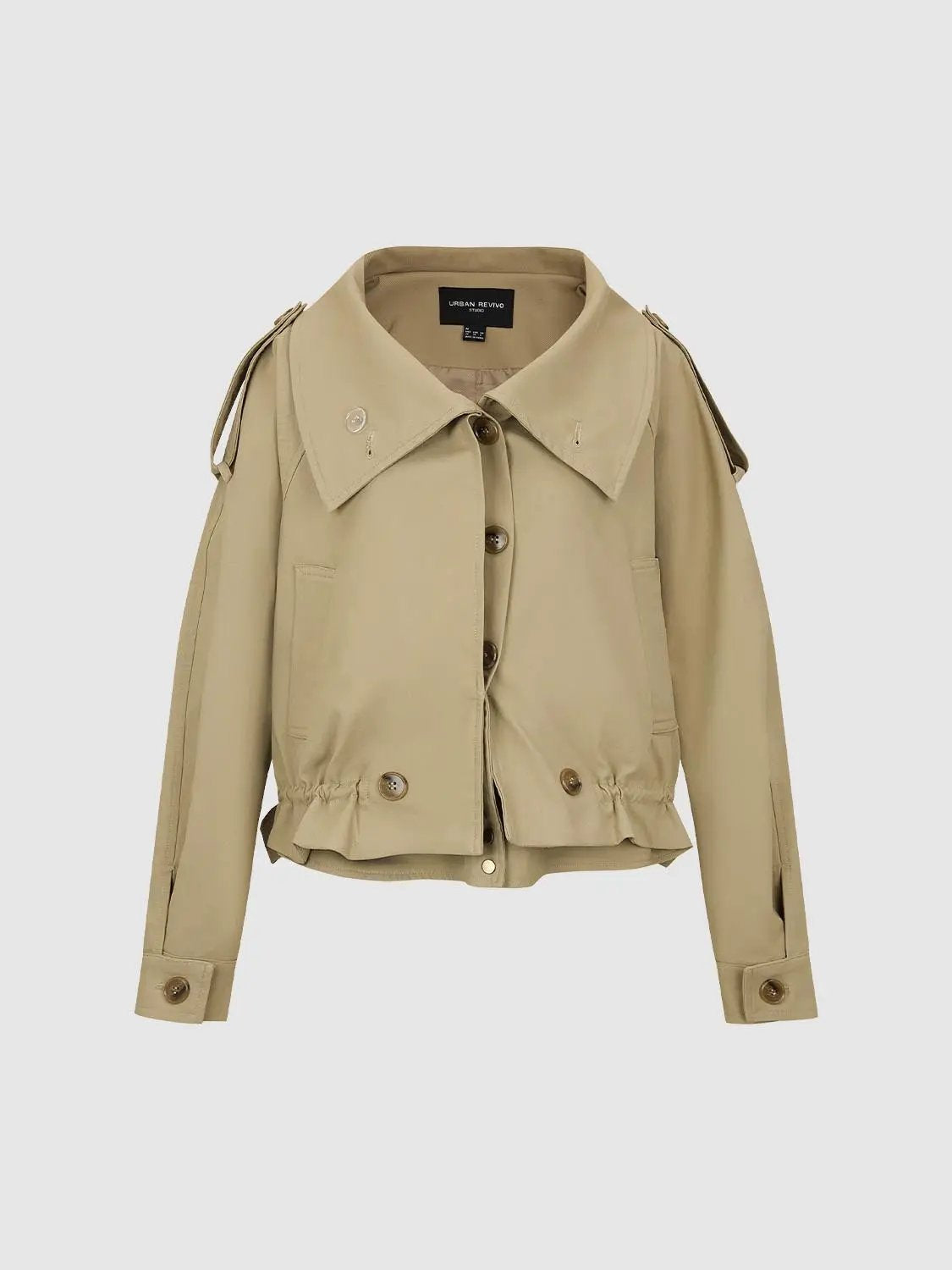 Ruched Hem Button Front Long Sleeve Cotton Blend Jacket