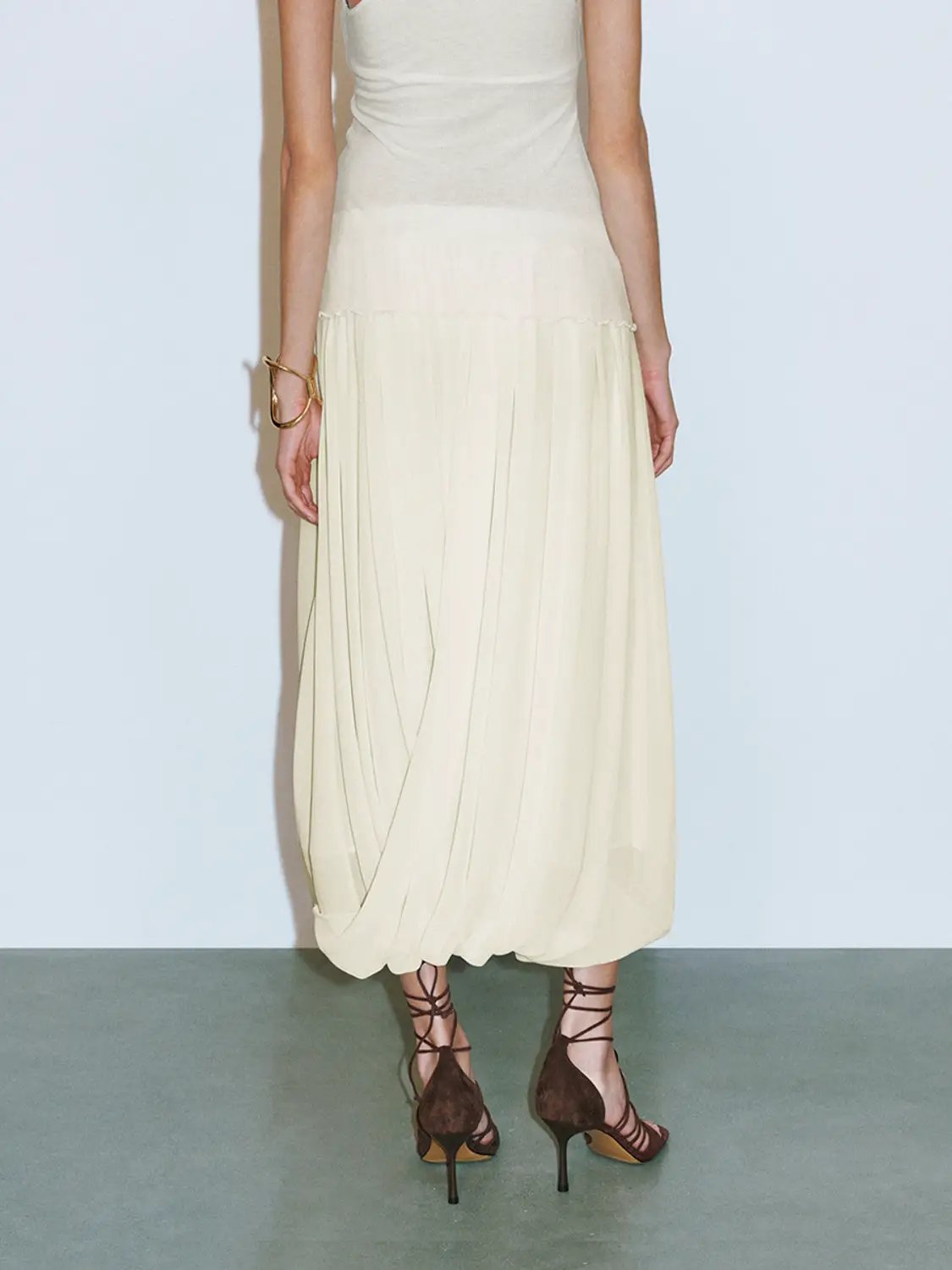 Elastic Waist Draped Pleated Bubble Hem Maxi Skirt
