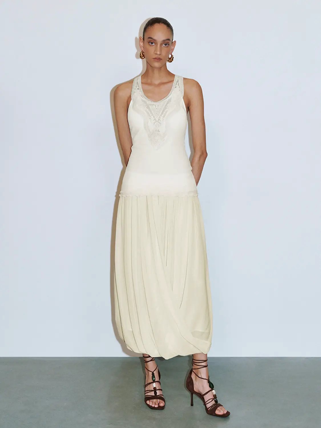 Elastic Waist Draped Pleated Bubble Hem Maxi Skirt