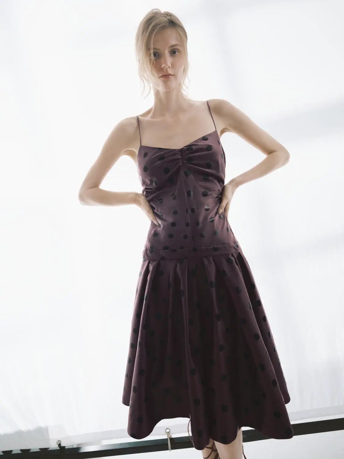 Ruched Polka Dot A-Line Sleeveless Midi Dress