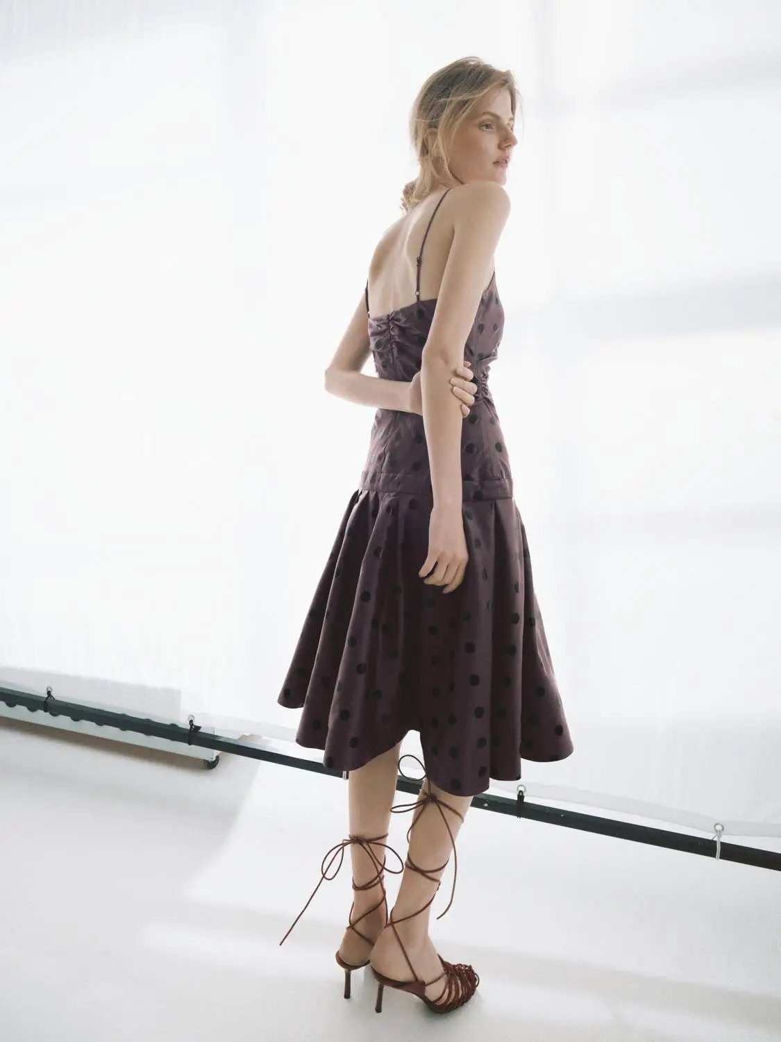Ruched Polka Dot A-Line Sleeveless Midi Dress