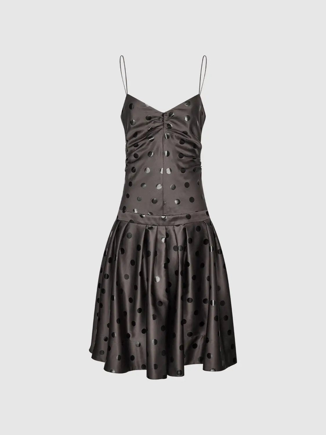 Ruched Polka Dot A-Line Sleeveless Midi Dress