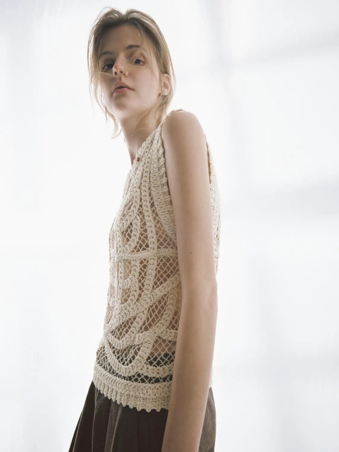 Textured Openwork Crochet Knit Cotton T-shirt