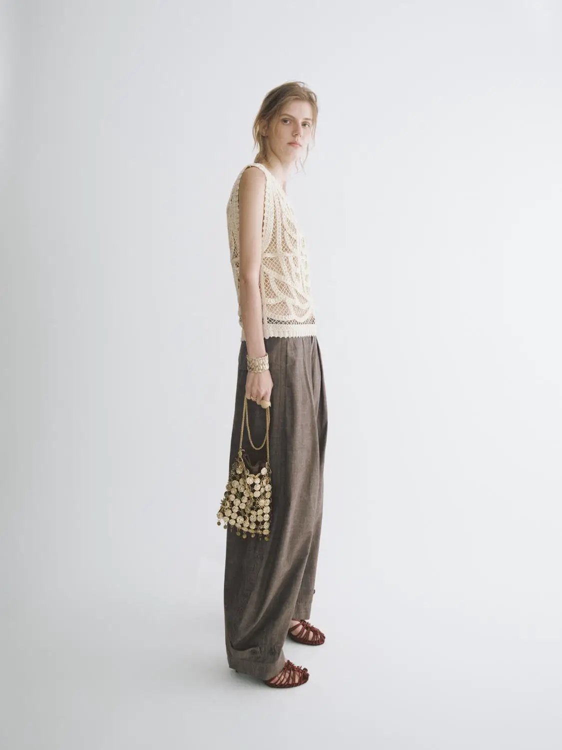 Textured Openwork Crochet Knit Cotton T-shirt