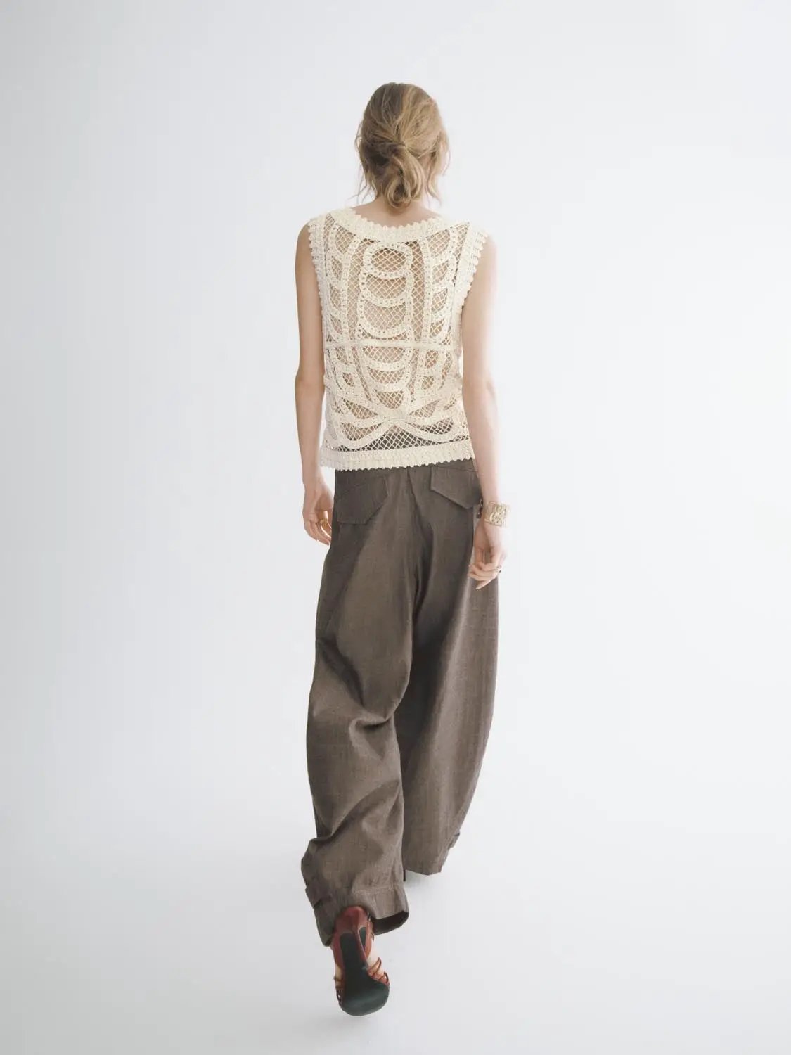 Textured Openwork Crochet Knit Cotton T-shirt