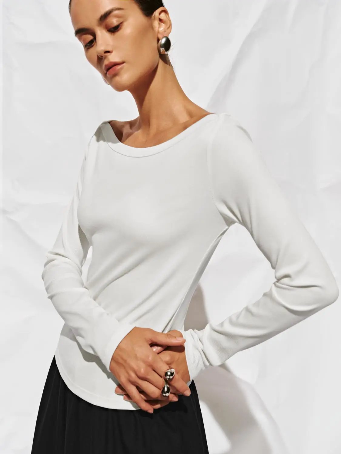 Off Shoulder Curved Hem Long Sleeve Cotton Blend T-Shirt