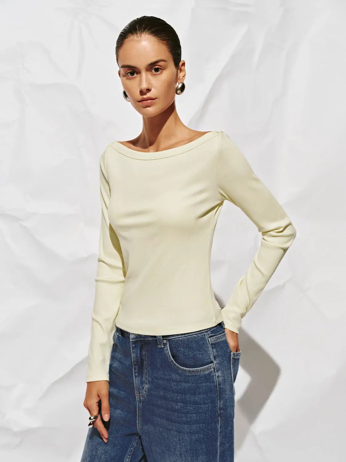 Off Shoulder Curved Hem Long Sleeve Cotton Blend T-Shirt