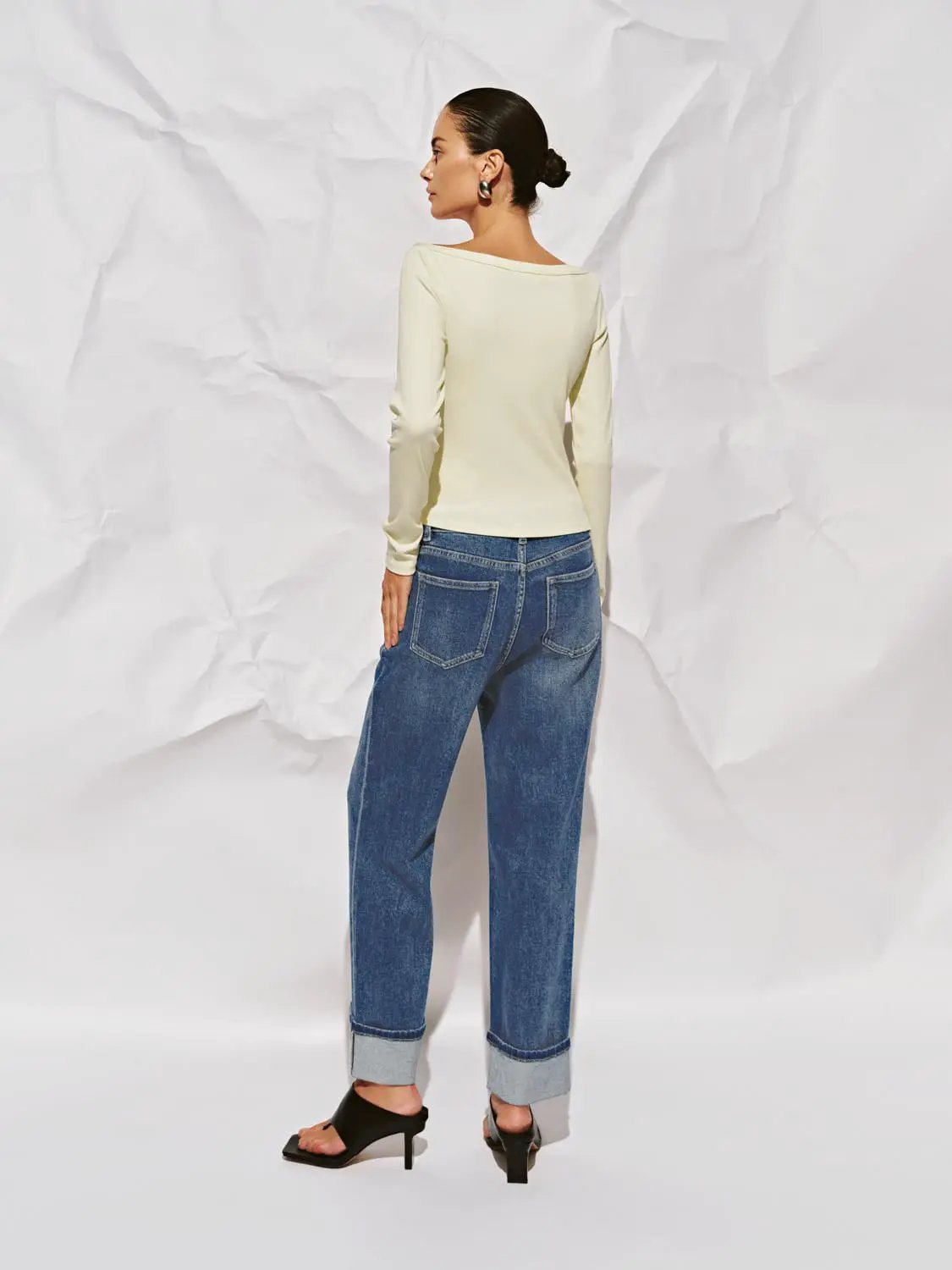 Off Shoulder Curved Hem Long Sleeve Cotton Blend T-Shirt