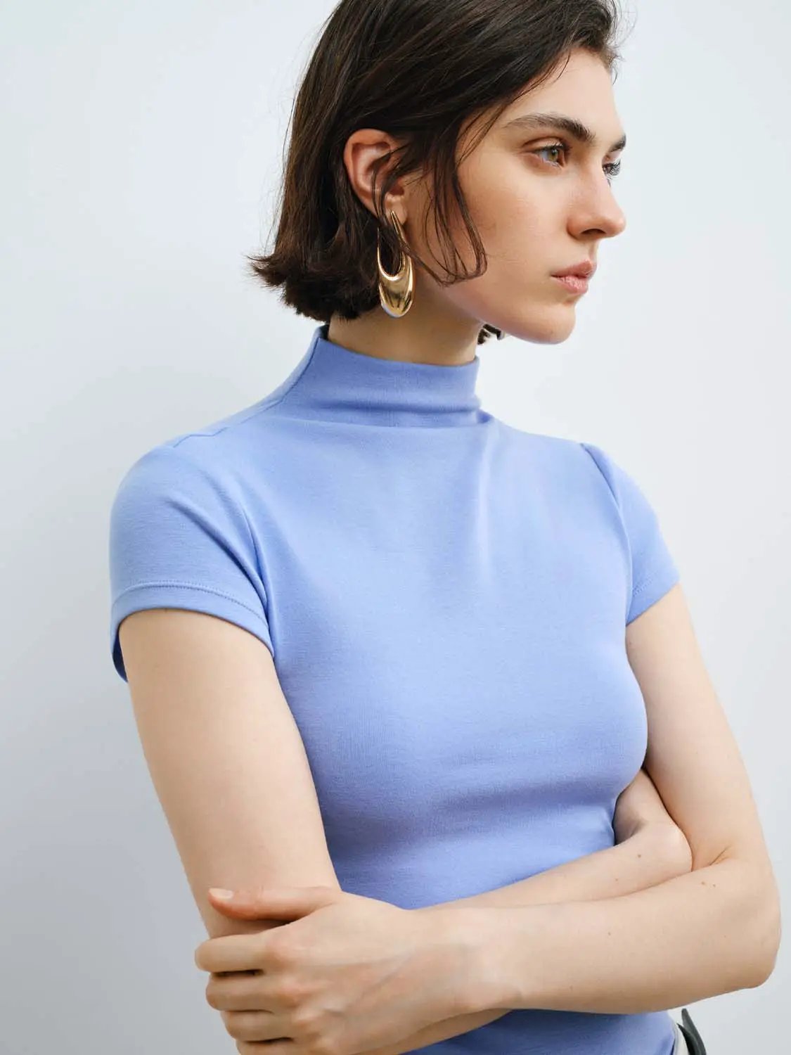 Mock Neck Short Sleeve Seamed Fitted Knit Top