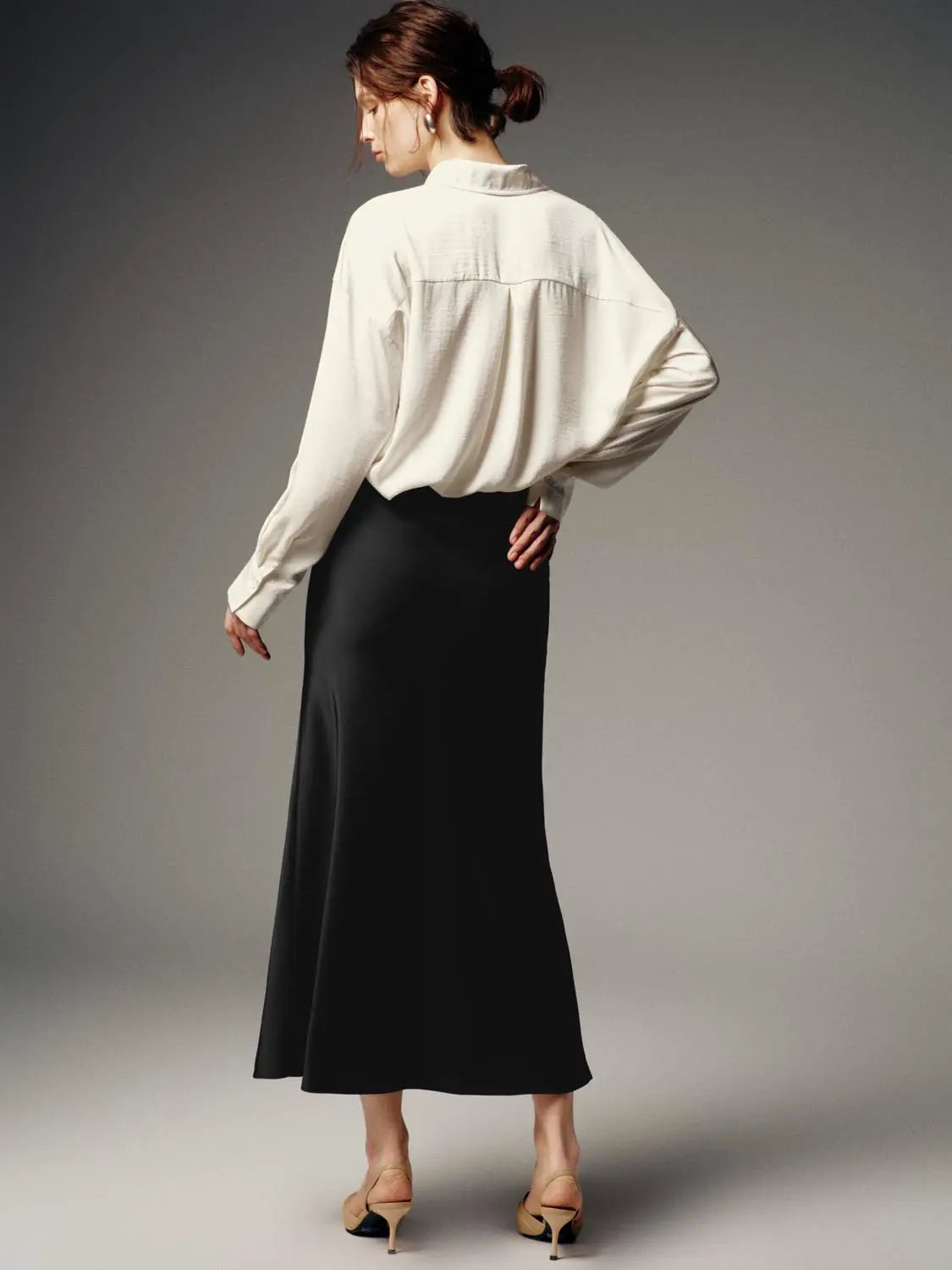Satin Finish High Waist Fishtail Elegant Midi Skirt
