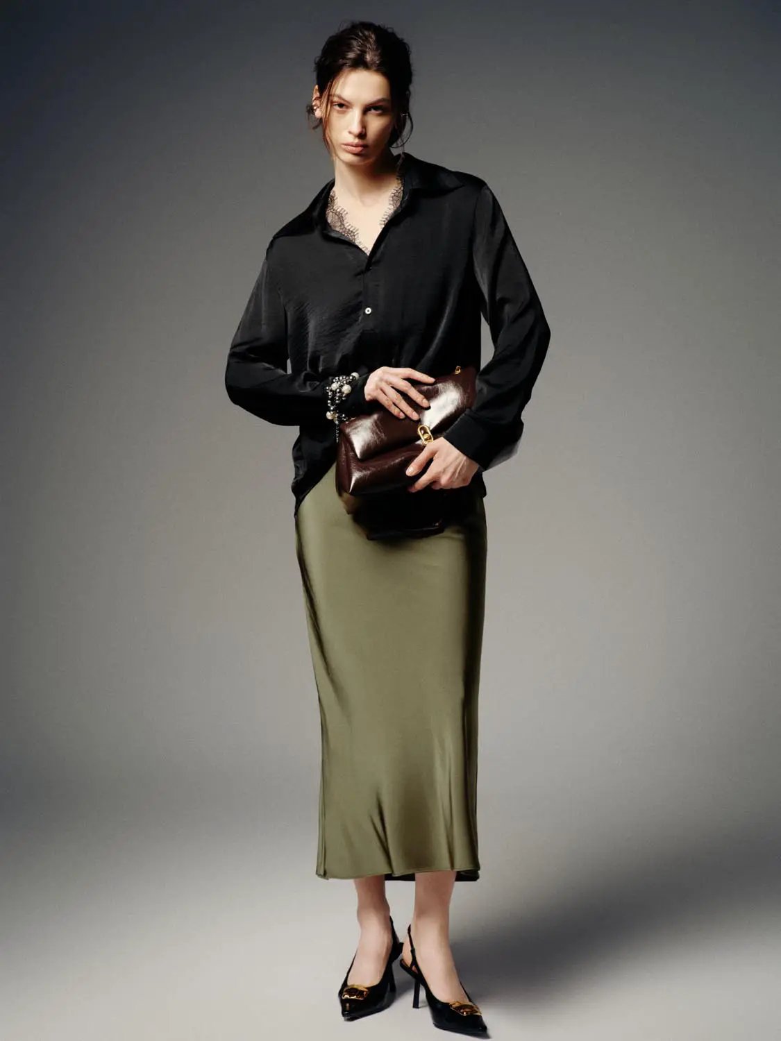Satin Finish High Waist Fishtail Elegant Midi Skirt