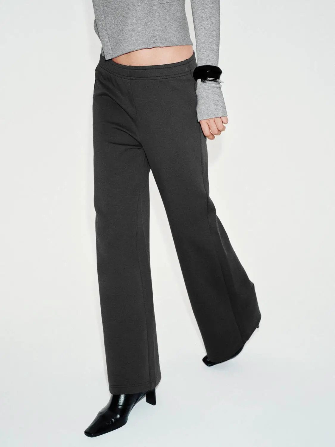 Solid Flared Elastic Waist Cotton Blend Pants