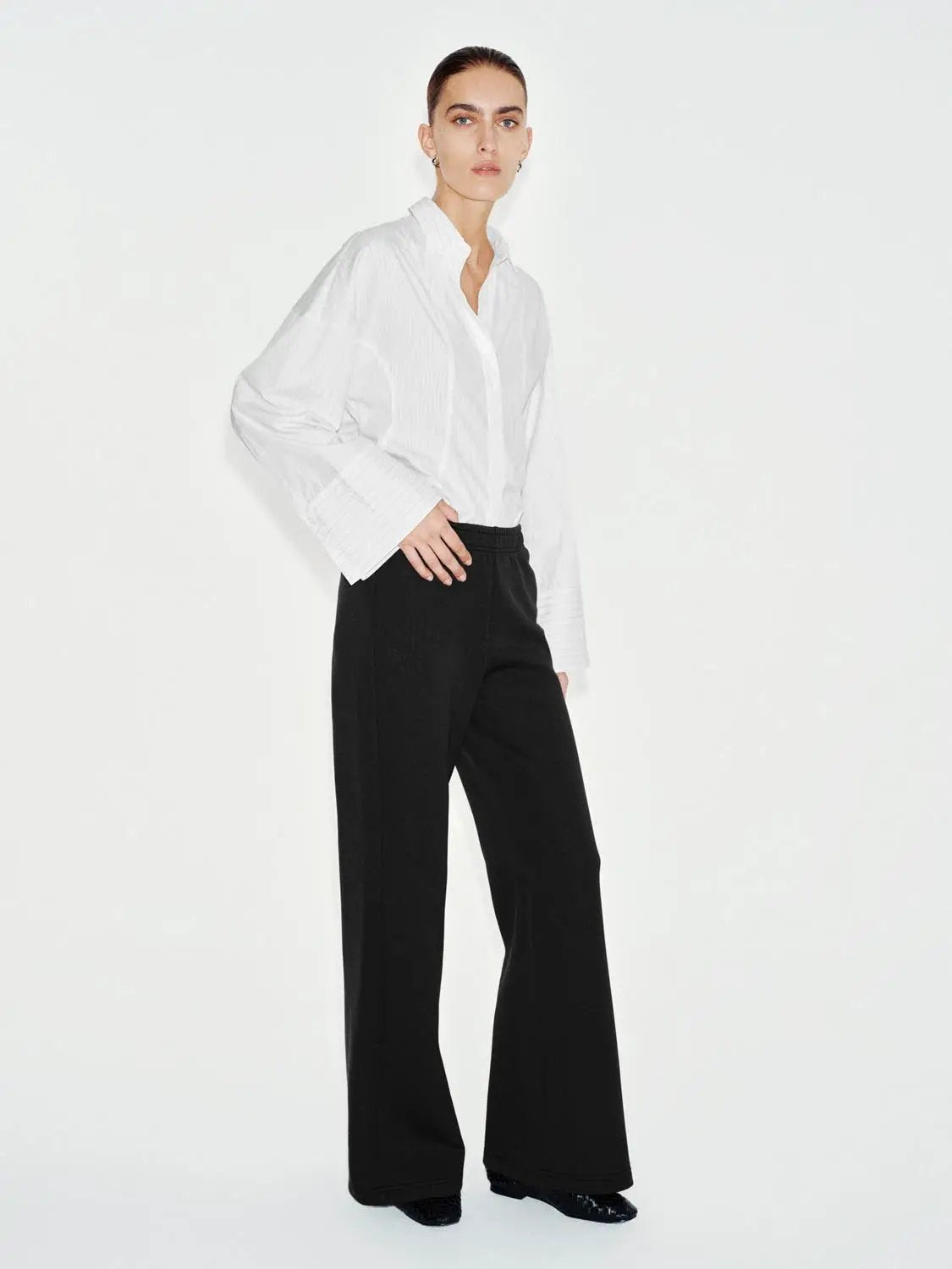 Solid Flared Elastic Waist Cotton Blend Pants