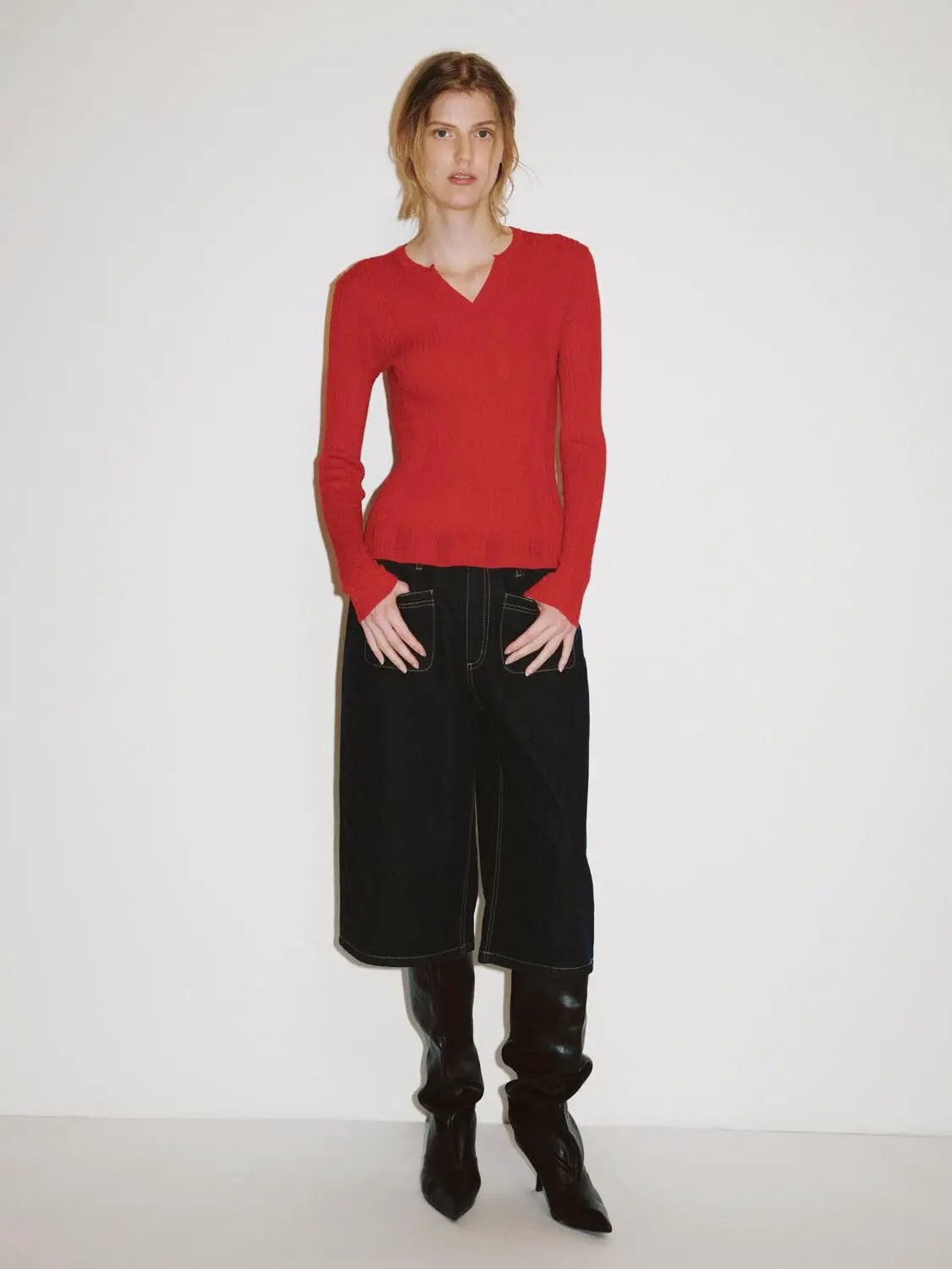 Fitted Textured Knit V-neck Long Sleeve Pullover
